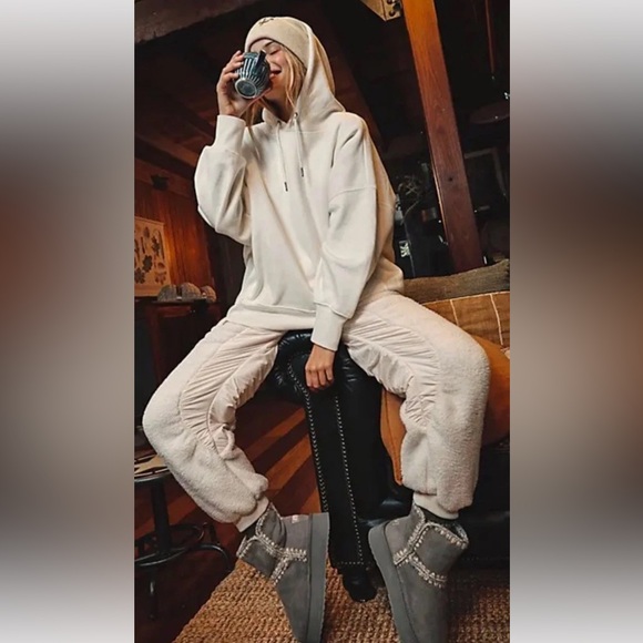 Free People Movement Sundown Fleece Pants Sherpa Zip Elastic Cuffs Ivory